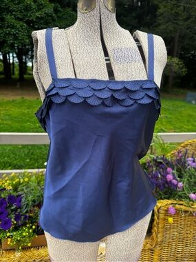 Navy Scallop Trim slip satin top vintage